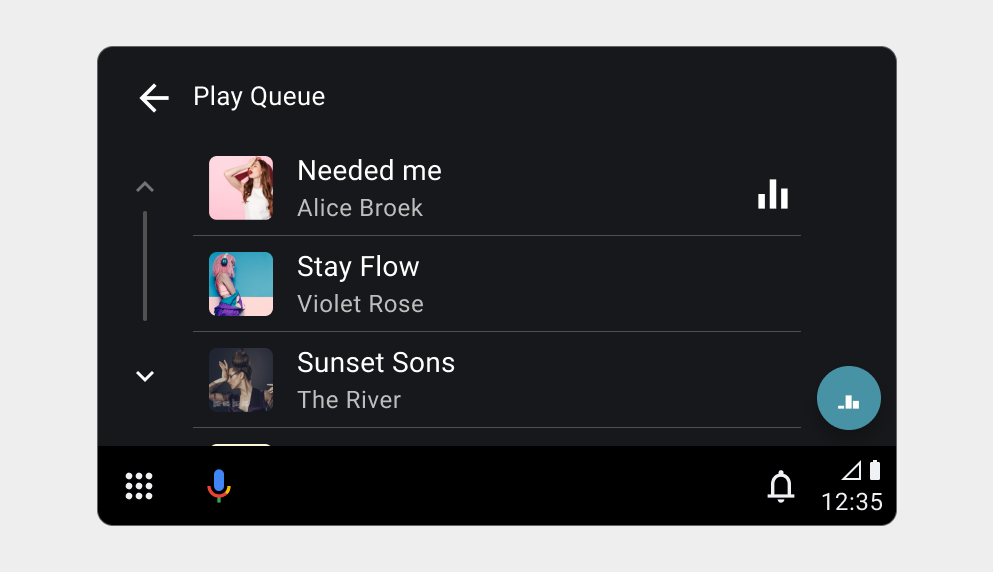 Mockup of media app displaying queue list with album art