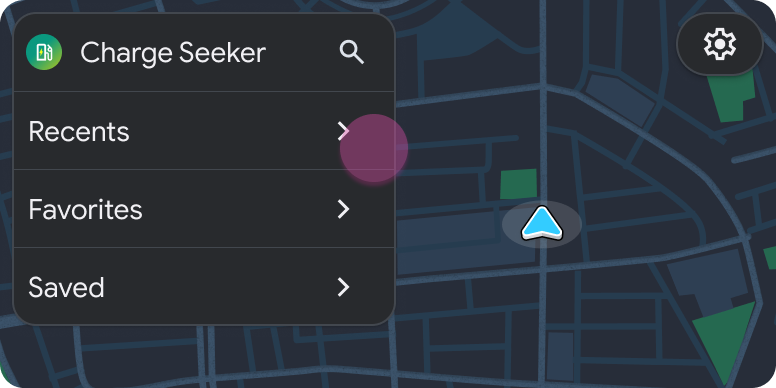 “地图 + 内容”模板中包含的列表模板,其中包含“最近用过”“收藏夹”和“已保存”子列表