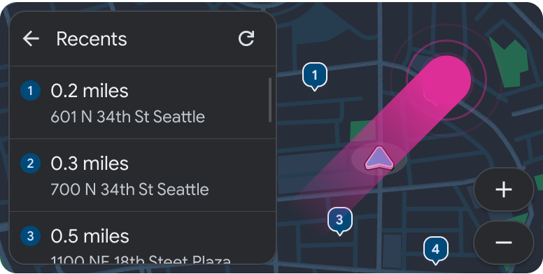 Modelo de mapa + conteúdo com modelo de lista incluído, três destinos e um botão de atualização