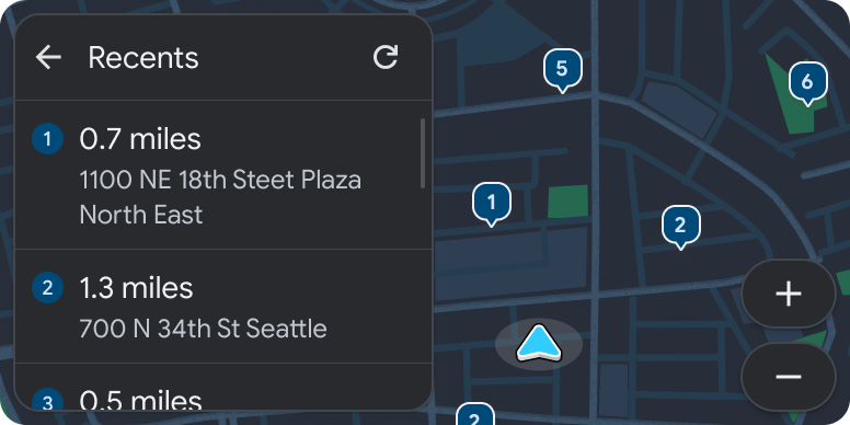 包含“List”模板的“Map + Content”模板,其中包含 3 个目的地和一个刷新按钮