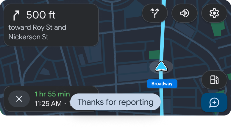 Modèle de navigation pendant la navigation avec toast remerciant l&#39;utilisateur d&#39;avoir signalé un incident