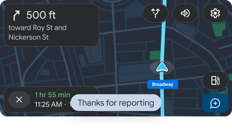 Navigation template during navigation with toast thanking the user for reporting an incident
