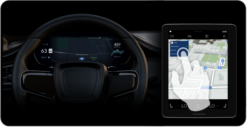 कार में क्लस्टर व्यू और मुख्य यूनिट का मॉक-अप, जिसमें उपयोगकर्ता किसी डेस्टिनेशन पर टैप करता है