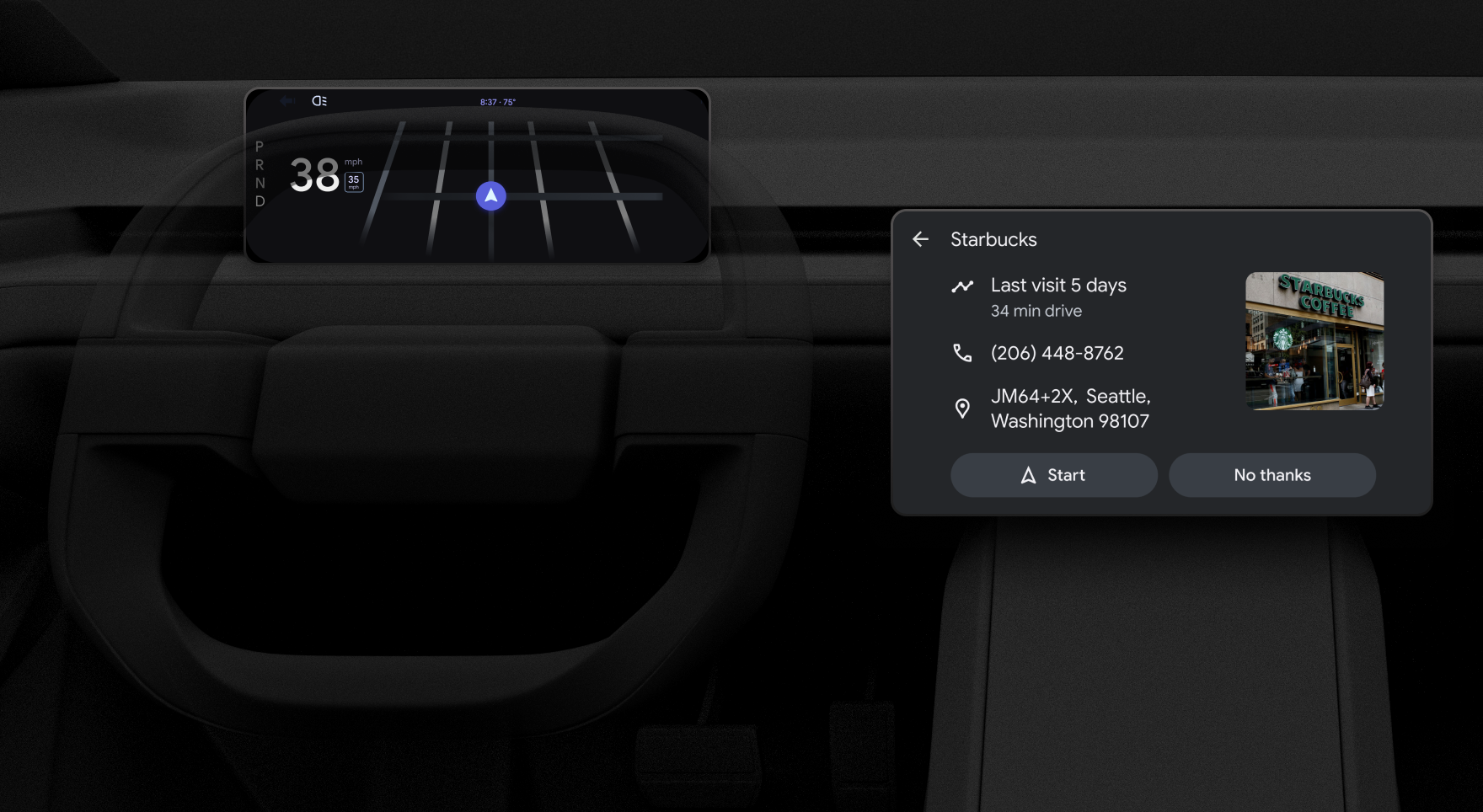 একটি গাড়িতে ক্লাস্টার ভিউ এবং হেড ইউনিটের মক-আপ, ব্যবহারকারী একটি গন্তব্যে ট্যাপ করে