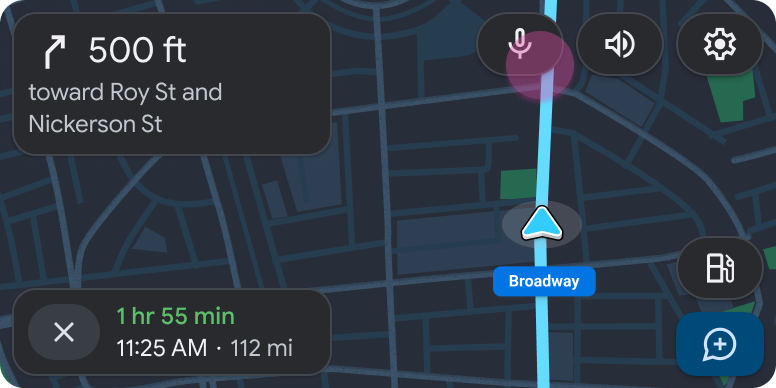 Navigation template during the user's journey with microphone, volume, and settings buttons in the action strip