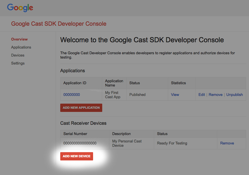 Google Cast SDK डेवलपर कंसोल की इमेज, जिसमें &#39;नया डिवाइस जोड़ें&#39; बटन को हाइलाइट किया गया है