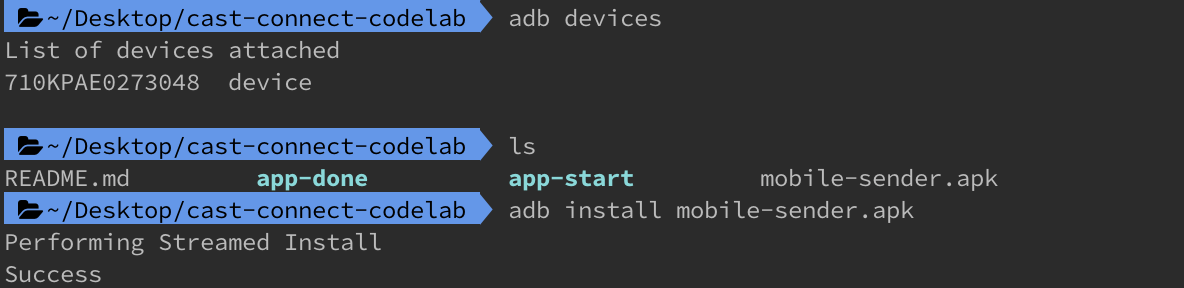 صورة لنافذة طرفية تشغِّل أمر adb install لتثبيت mobile-sender.AP