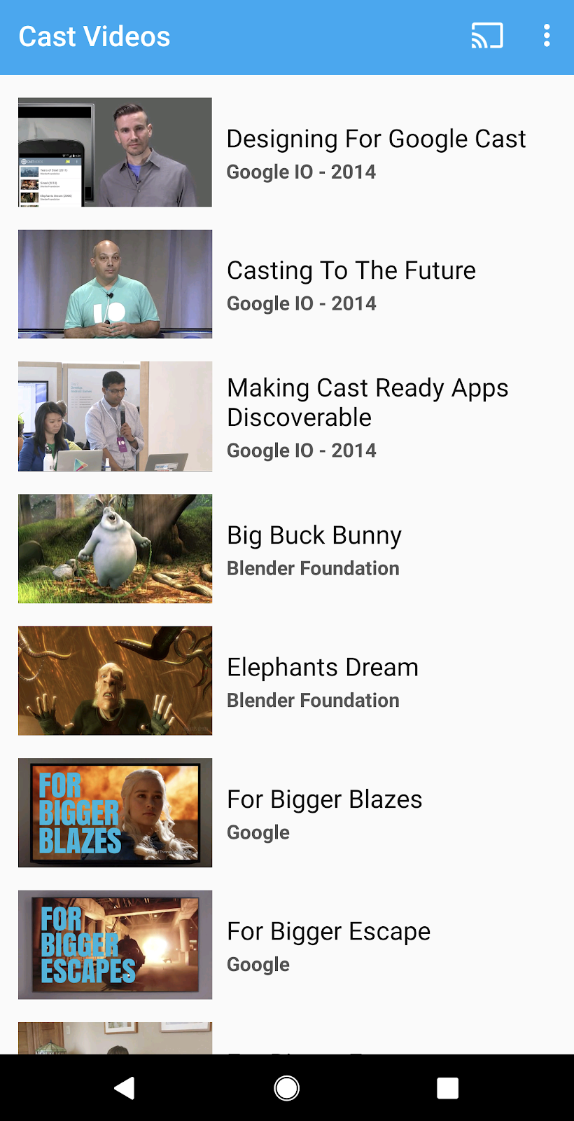 Imagen de la app emisora de videos de Cast que se ejecuta en la pantalla de un teléfono Android