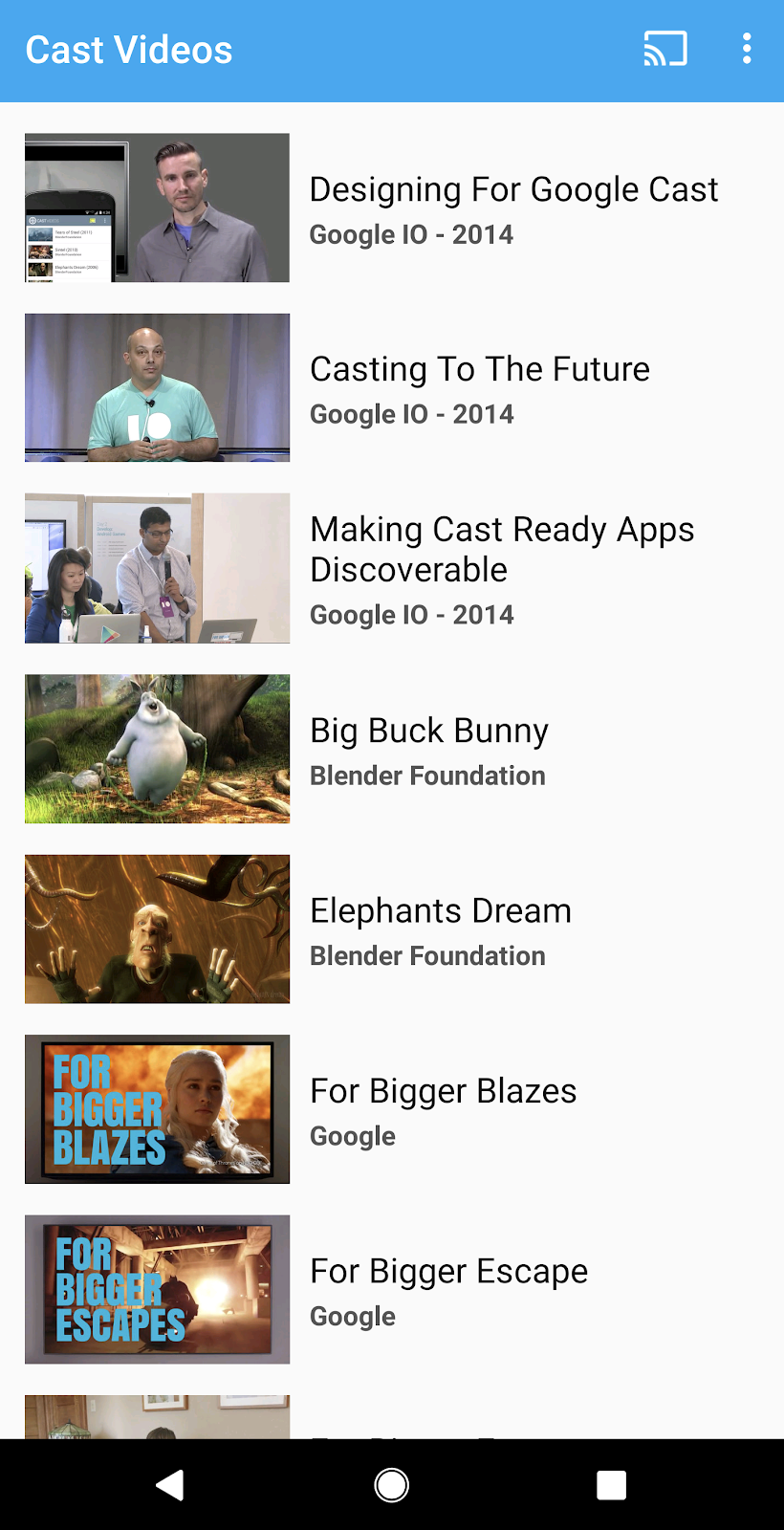 在 Android 手机屏幕上显示的 Cast Videos 发送者应用的图片