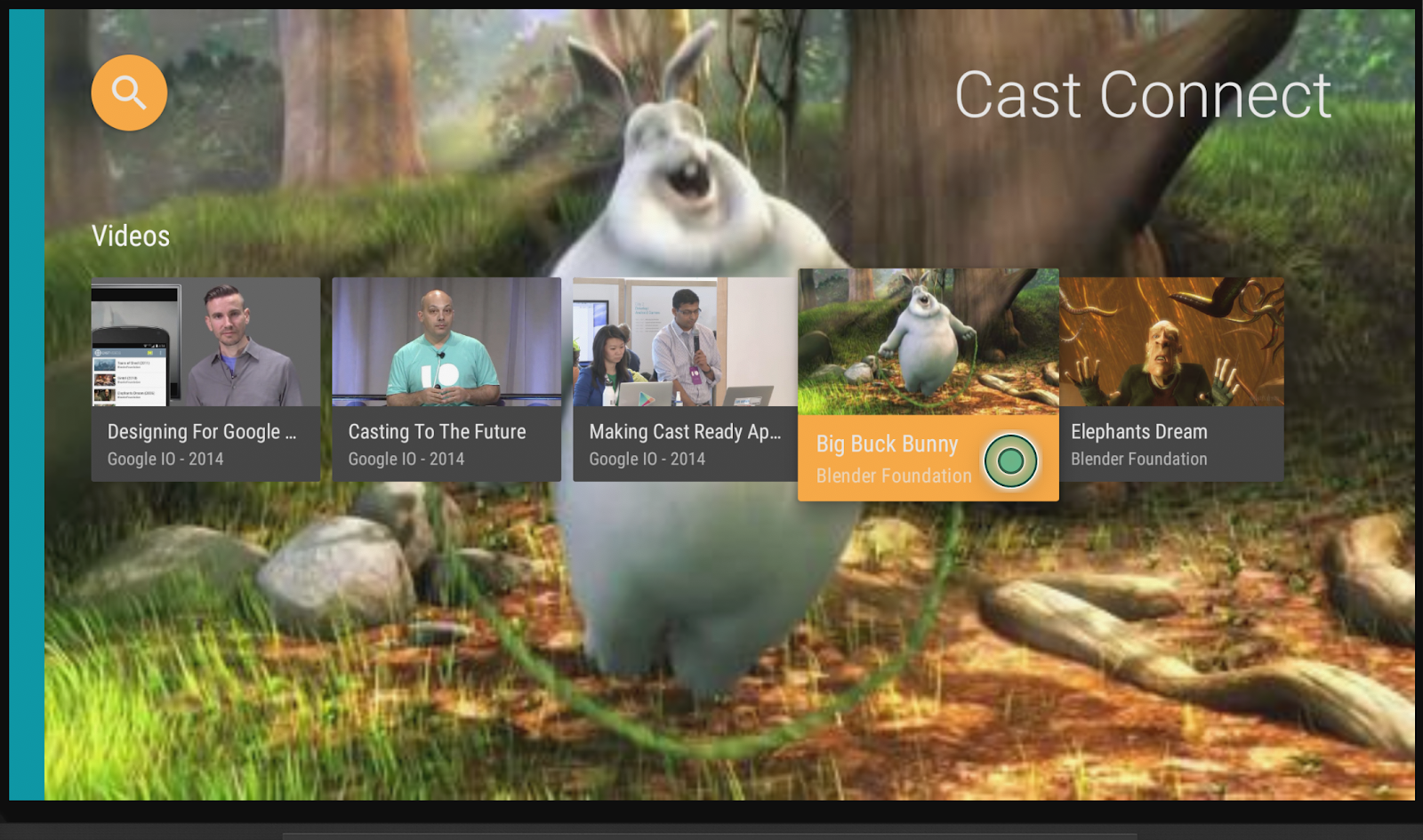 動画のフルスクリーン プレビューに重なって表示される一連の動画サムネイル（いずれか 1 つがハイライト表示されている）で、右上に「Cast Connect」の文字が表示されている