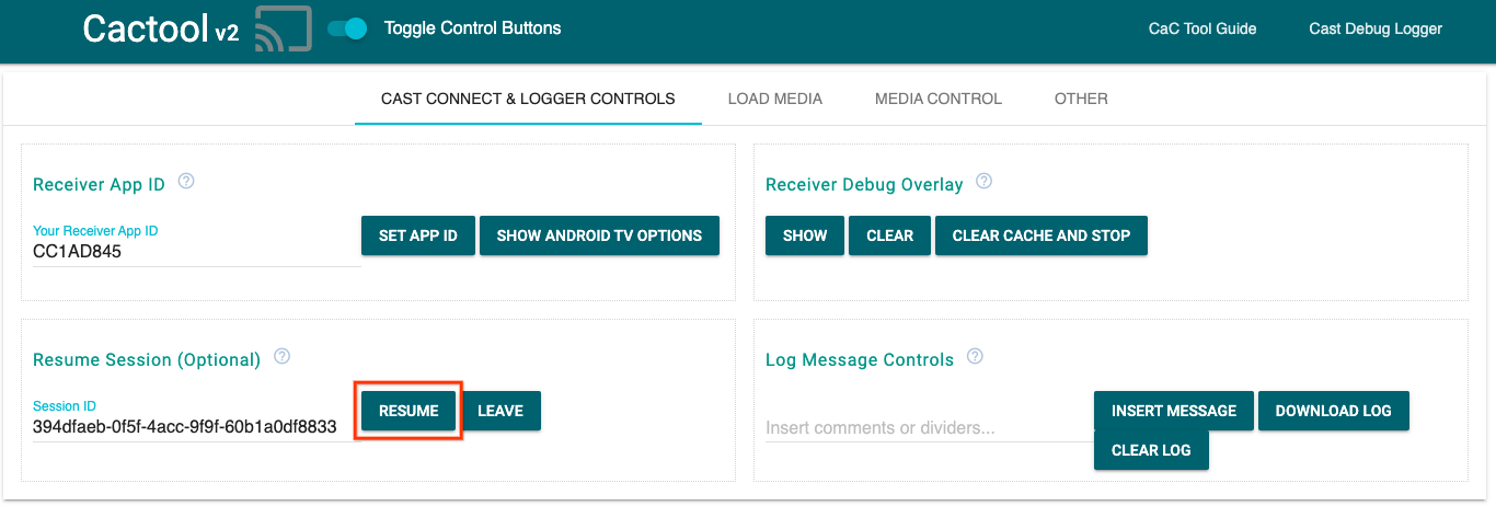 Imagen de la pestaña &quot;Cast Connect & Logger Controls&quot; de la herramienta de comando y control (CaC) para reanudar la sesión