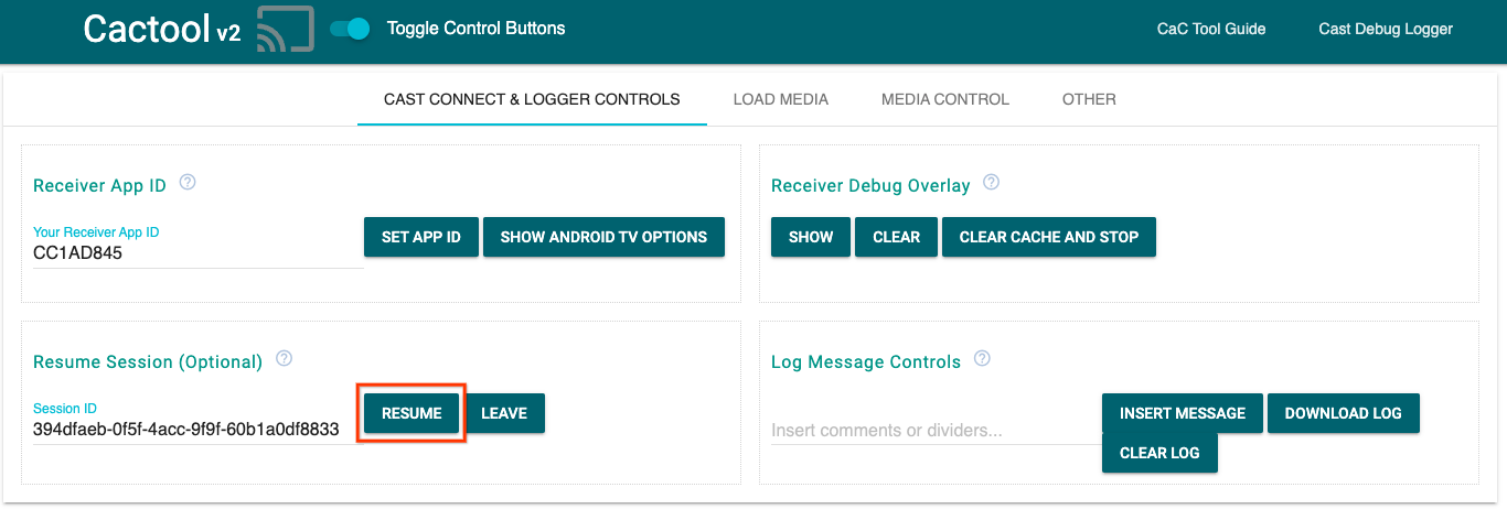 Image of the 'Cast Connect & Logger Controls' tab of the Command and Control (CaC) Tool to resume the session