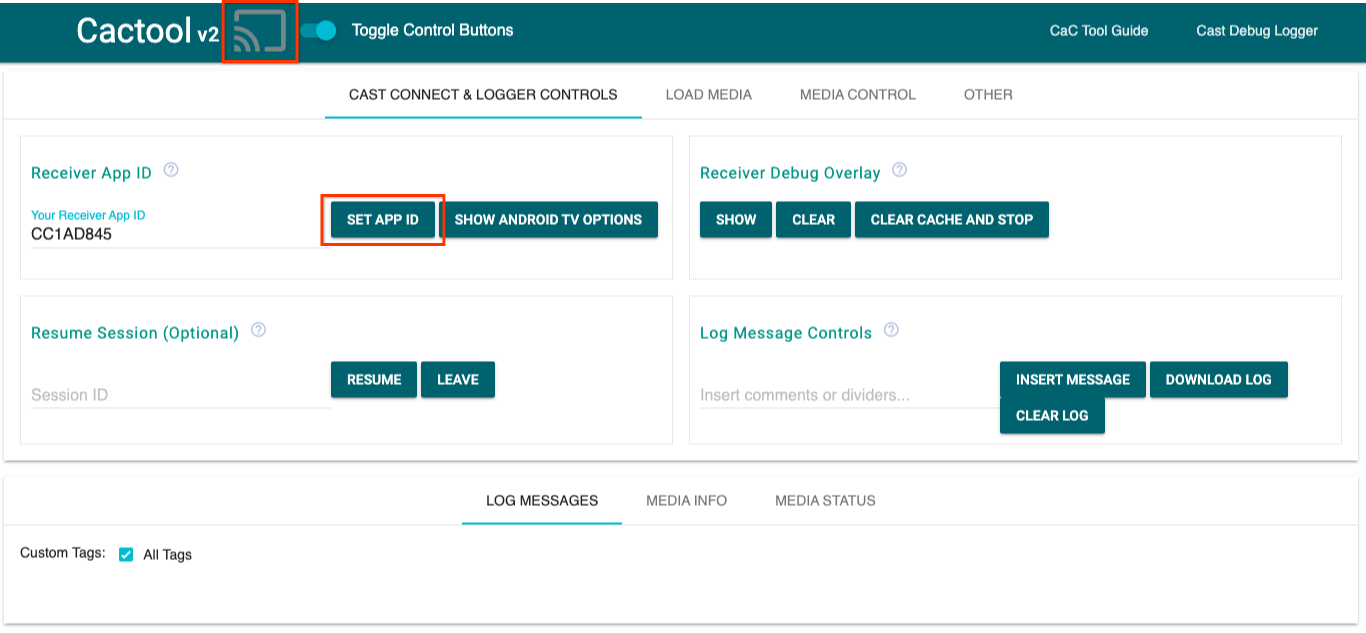 Bild des Tabs „Cast Connect & Logger Controls“ (Cast Connect & Logger-Steuerungen) des CaC-Tools (Command and Control)