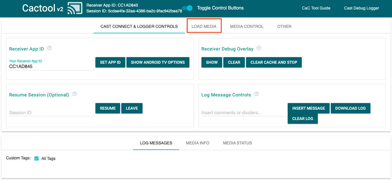 Изображение вкладки «Cast Connect & Logger Controls» инструмента Command and Control (CaC), показывающее, что он подключен к приложению Receiver.