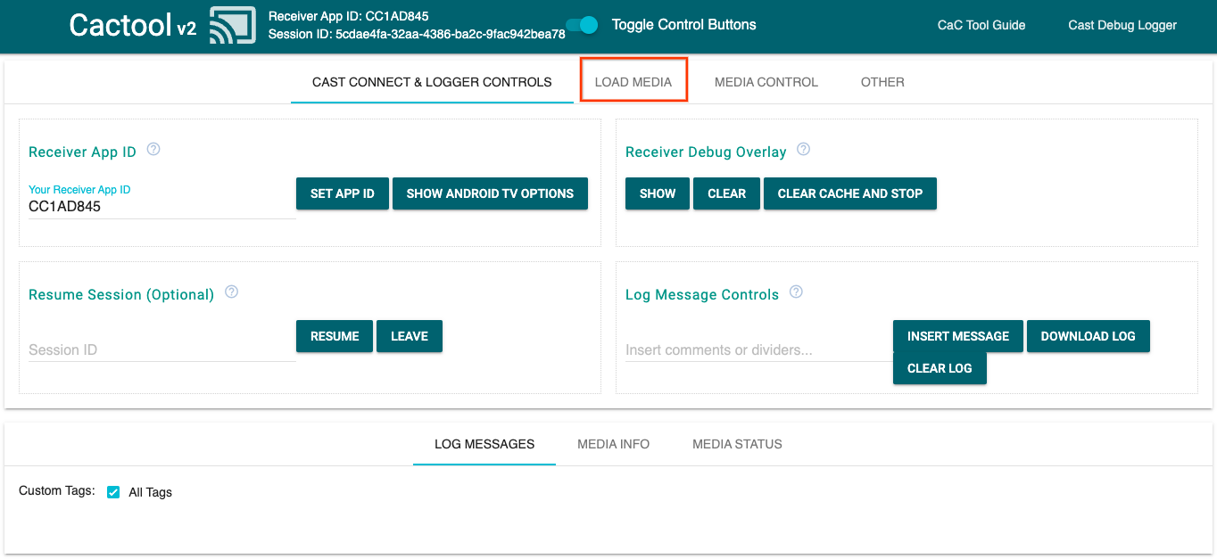 Receiver アプリに接続されていることを示す、コマンド&コントロール（CaC）ツールの [Cast Connect とロガー コントロール] タブの画像