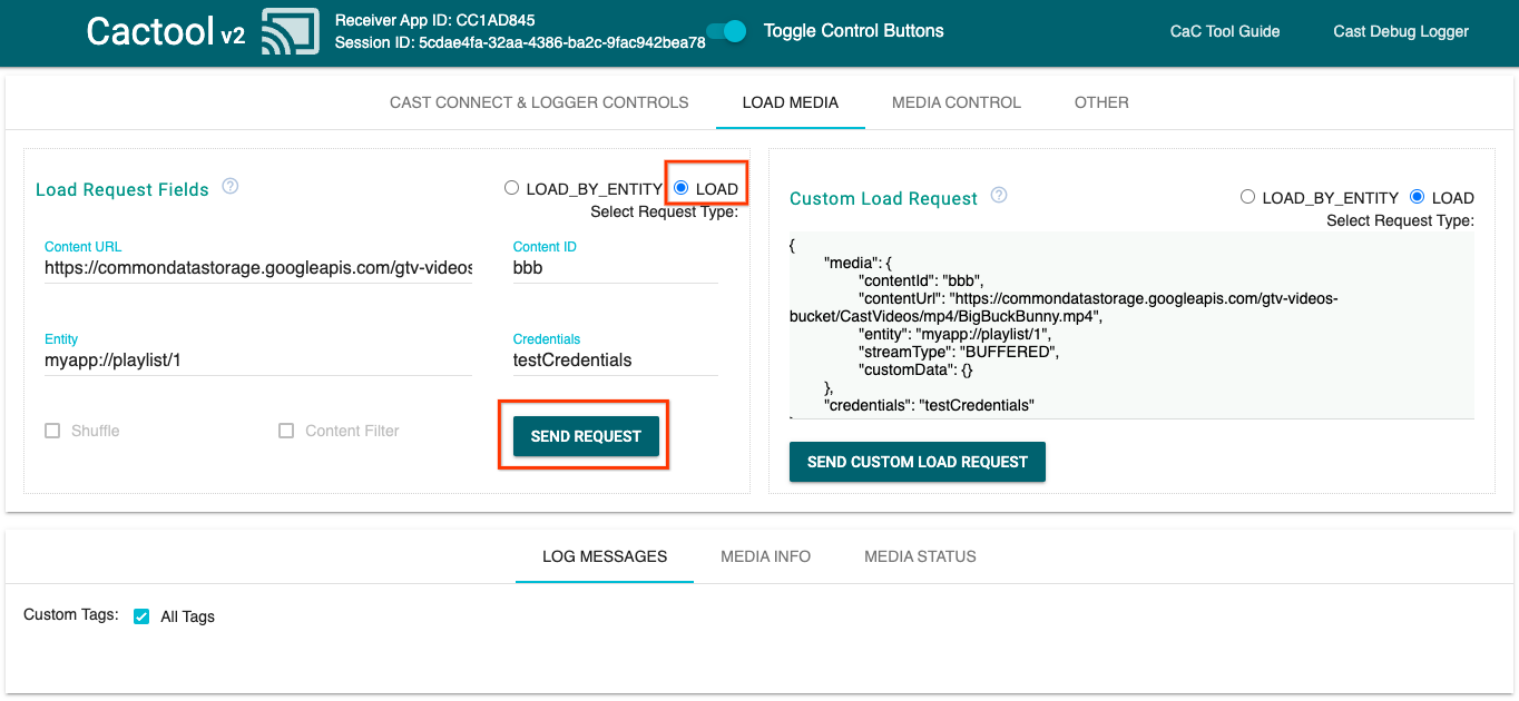 Bild des Tabs &quot;Load Media&quot; (Medien laden) des Command and Control (CaC)-Tools