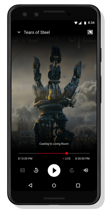 동영상을 재생 중인 Android 휴대전화의 이미지입니다. 하단 비디오 플레이어 컨트롤 바로 위에 &#39;거실로 전송 중&#39; 메시지가 표시됩니다.