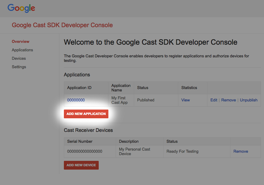 Hình ảnh Bảng điều khiển dành cho nhà phát triển SDK Google Cast, trong đó nút &quot;Thêm ứng dụng mới&quot; được làm nổi bật