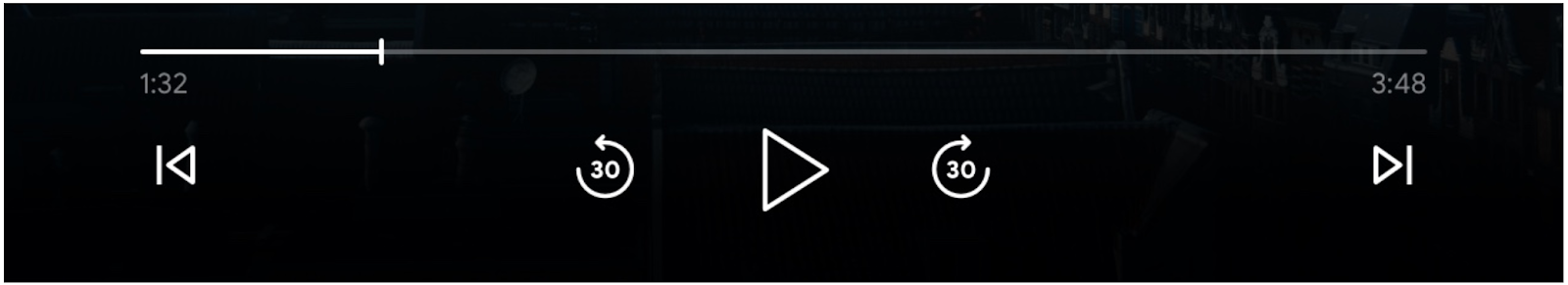 Imagen de los controles del reproductor multimedia: barra de progreso, el botón “Reproducir”, los botones “Saltar hacia adelante” y “Saltar hacia atrás”, y los botones “Fila anterior” y “Cola siguiente” habilitados