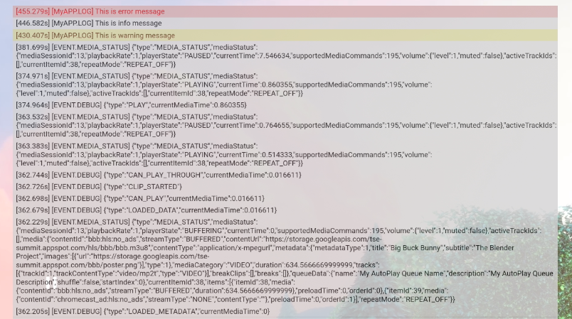 디버그 프레임, 동영상 프레임 위의 반투명 배경에 있는 디버그 로그 메시지 목록인 디버그 오버레이를 보여주는 이미지