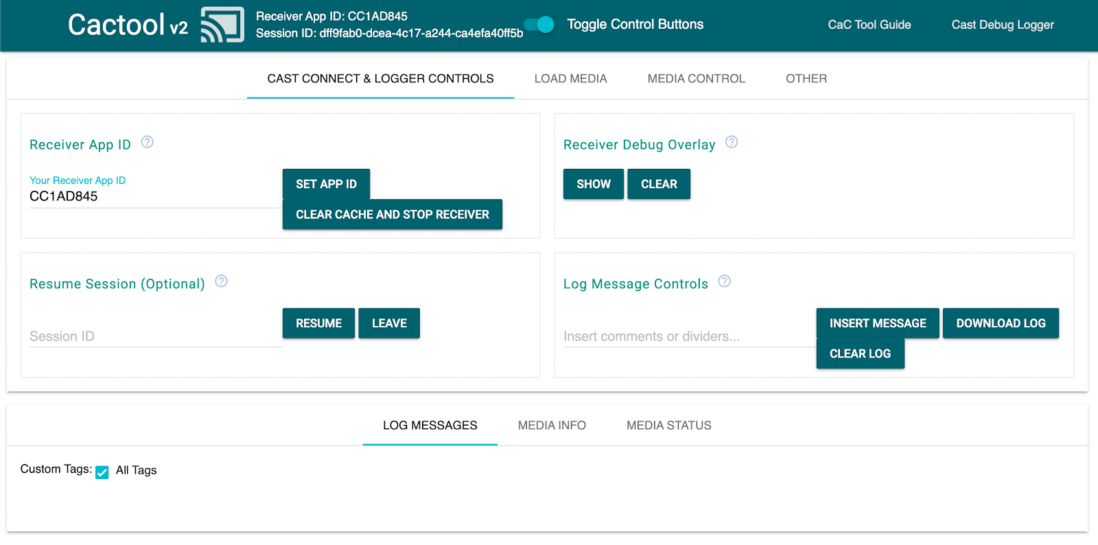 コマンドとコントロール（CaC）ツールの [Cast Connect & Logger Controls] タブが表示され、レシーバー アプリに接続されていることを示す画像