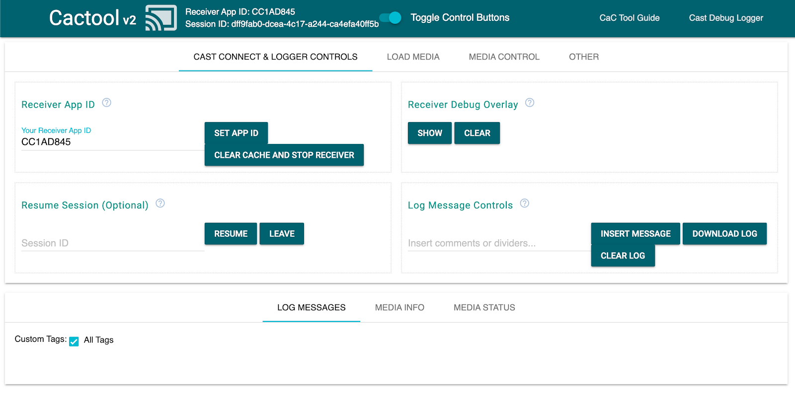 รูปภาพของแท็บ &quot;Cast Connect & Logger Controls&quot; ของเครื่องมือ Command and Control (CaC) ที่ระบุว่าเชื่อมต่อกับแอป Receiver