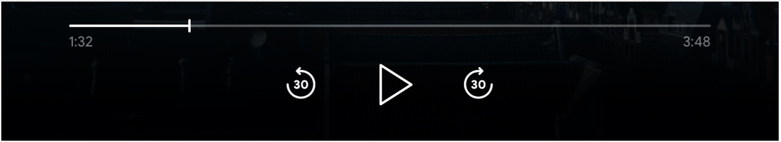 Obraz elementów sterujących odtwarzacza: pasek postępu, przycisk „Odtwórz”, włączone przyciski „Przeskocz do przodu” i „Przeskocz do tyłu”