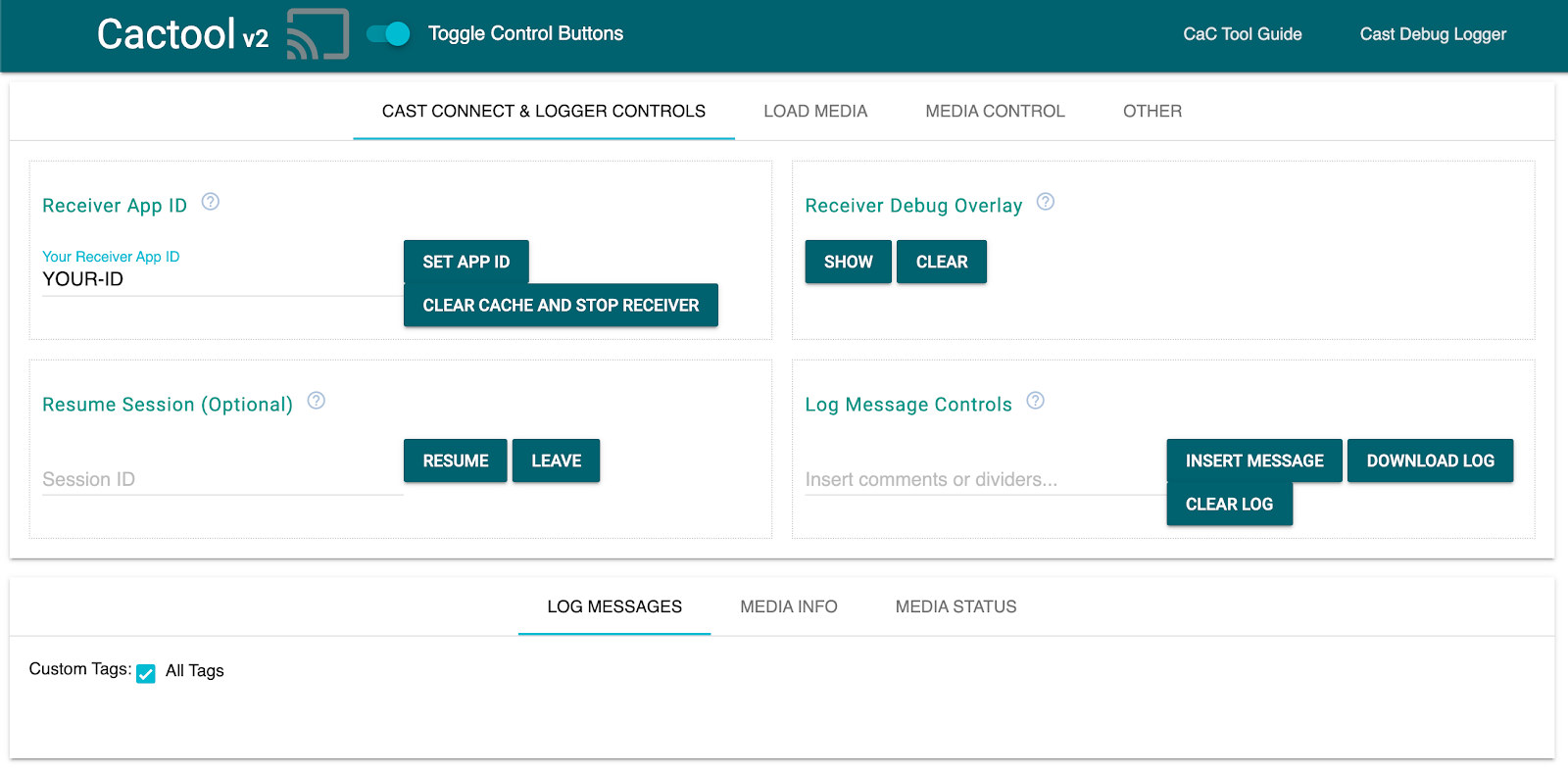 Image de l&#39;onglet &quot;Cast Connect & Logs Controls&quot; (Commandes de connexion et du journal de diffusion) de l&#39;outil Command and Control (CaC)