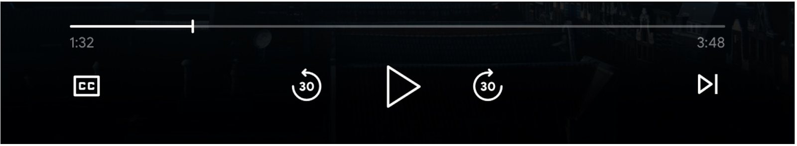 Imagen de los controles del reproductor multimedia: barra de progreso, botón “Reproducir”, botones “Avanzar” y “Saltar hacia atrás”, botones “Fila anterior” y “Cola siguiente” y botones “Subtítulos” habilitados