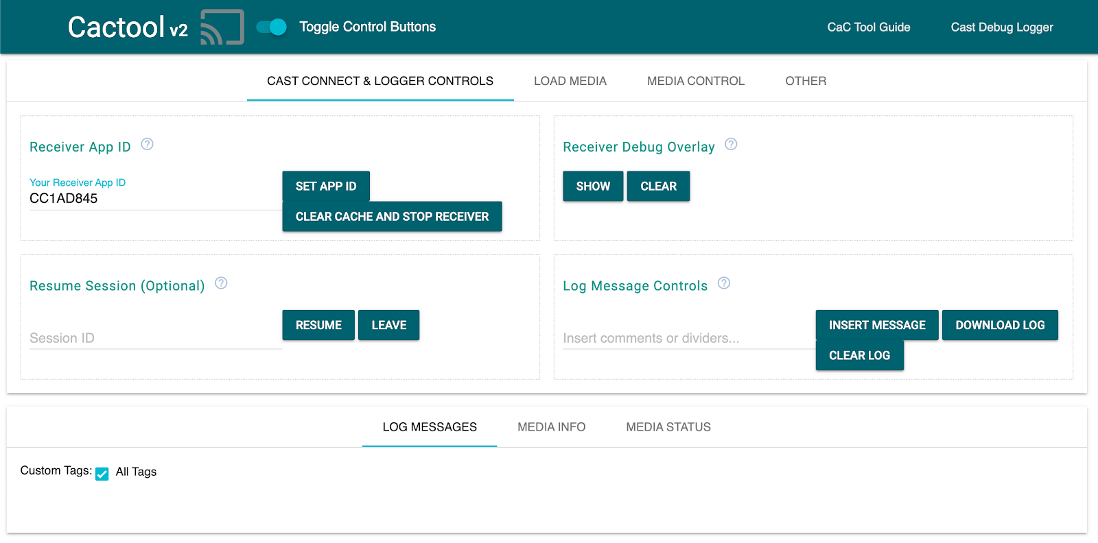 Immagine della scheda &quot;Controlli di Cast Connect e del logger&quot; dello strumento di comando e controllo (CaC)