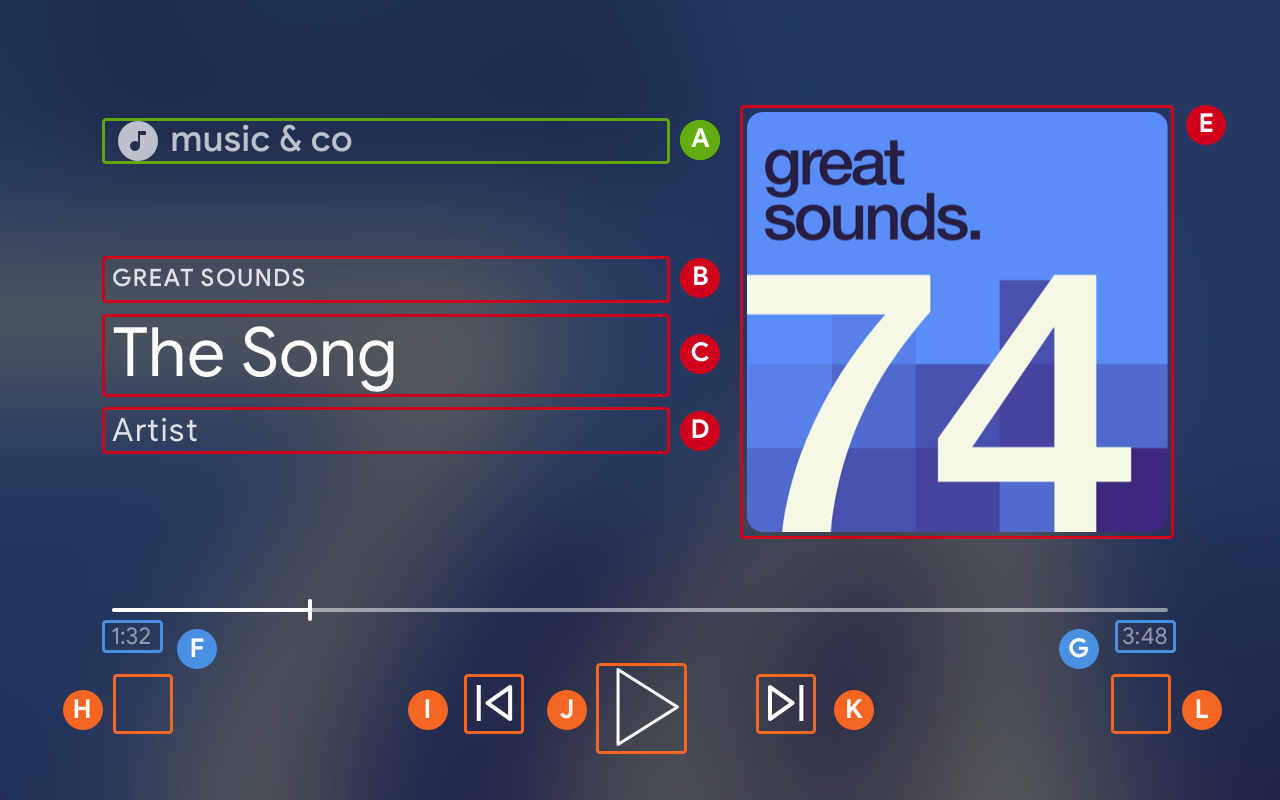 Изображение воспроизводимой музыки с элементами управления пользовательского интерфейса, наложенными сверху