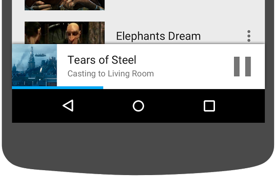 Hình minh hoạ phần dưới cùng của chiếc điện thoại Android, cho thấy trình phát thu nhỏ trong ứng dụng Cast Videos