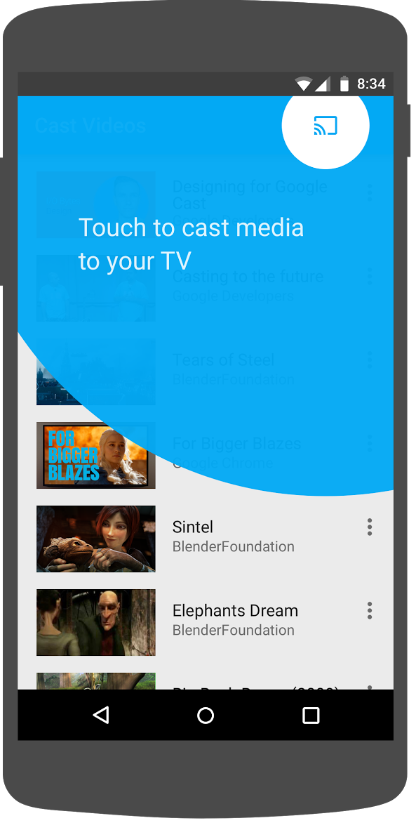 Abbildung, die das Einführungs-Overlay für Google Cast um die Schaltfläche „Streamen“ in der Android-App „Cast Videos“ zeigt