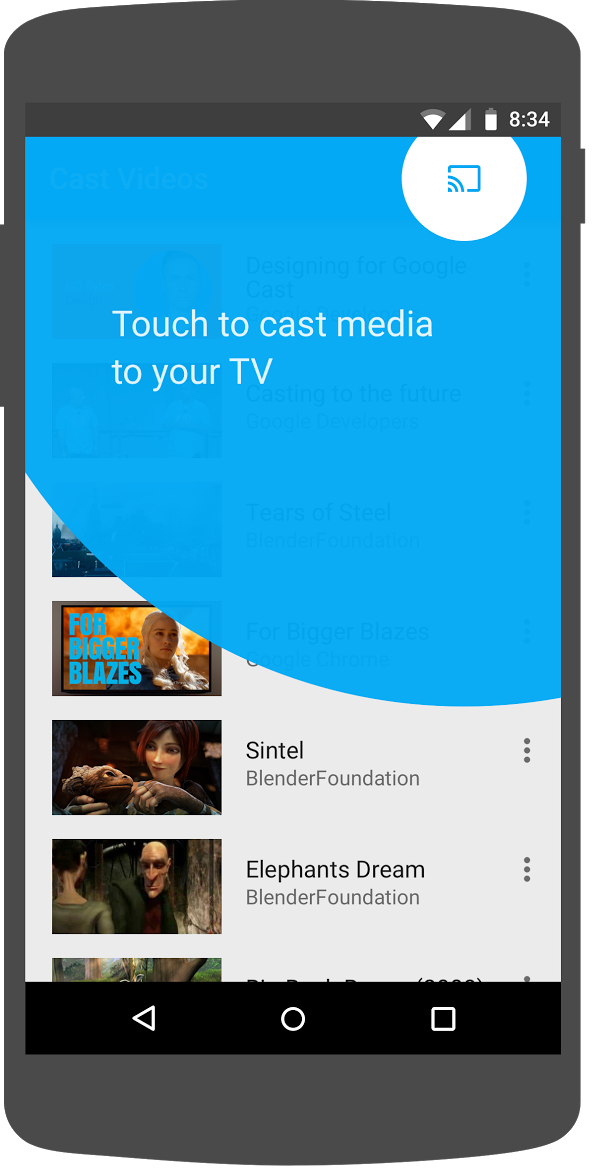 Cast 동영상 Android 앱의 전송 버튼 주변 소개 전송 오버레이를 보여주는 그림