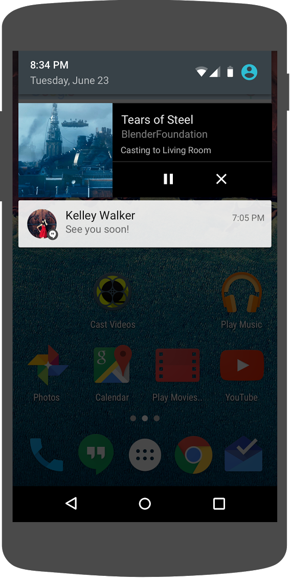 알림 영역에 미디어 컨트롤이 표시된 Android 휴대전화 삽화