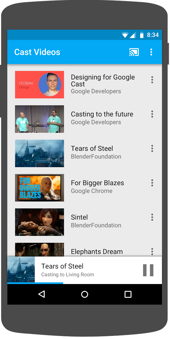 איור של טלפון Android שבו פועלת אפליקציית Cast Videos, עם שלט מיני שמופיע בחלק התחתון של המסך