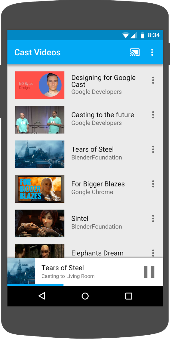 Иллюстрация телефона Android с приложением Cast Videos и мини-контроллером, появляющимся в нижней части экрана.
