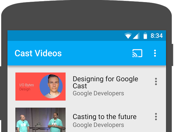 Illustration de la partie supérieure d&#39;un téléphone Android avec l&#39;application Cast Video en cours d&#39;exécution. Le bouton Cast s&#39;affiche en haut à droite de l&#39;écran.
