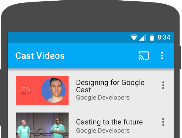 Cast 동영상 앱이 실행 중인 Android 휴대전화의 상단 부분과 화면 오른쪽 상단에 표시되는 전송 버튼 삽화