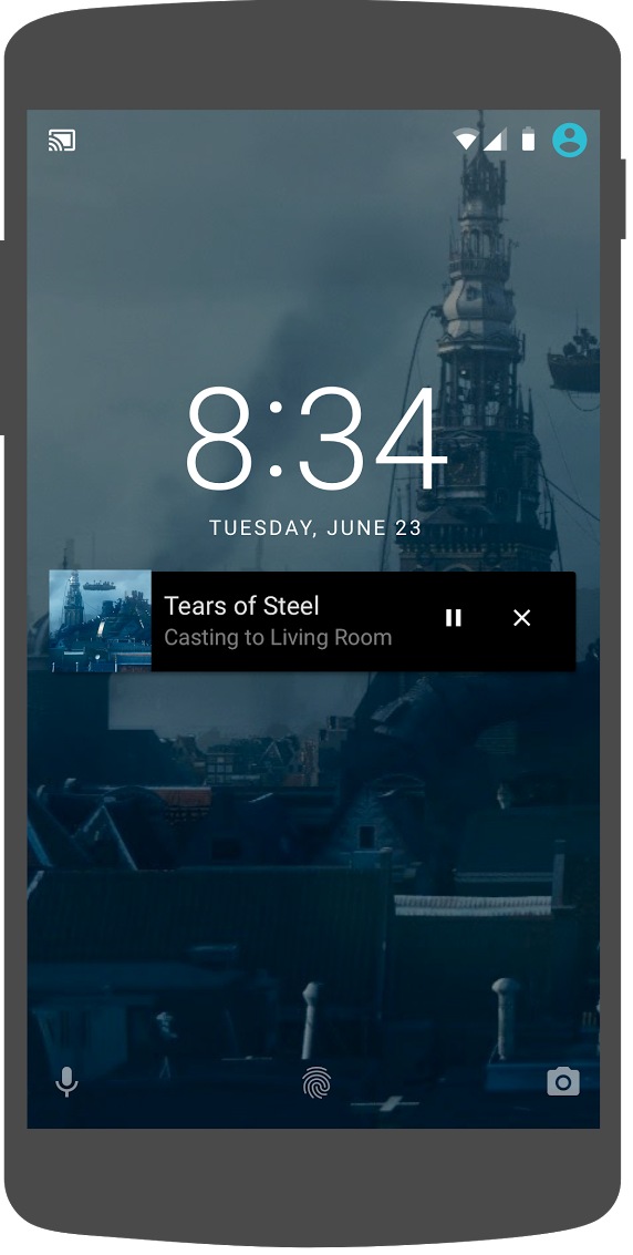 Android 手机的图示，显示锁定屏幕上的媒体控件