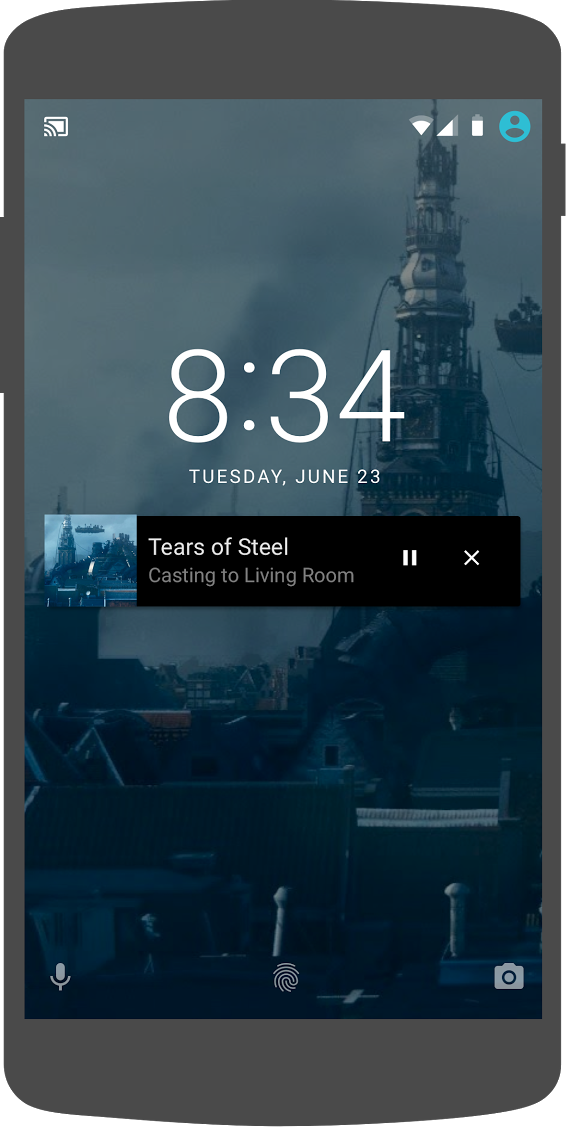 Kilit ekranında medya denetimlerini gösteren bir Android telefonun resmi