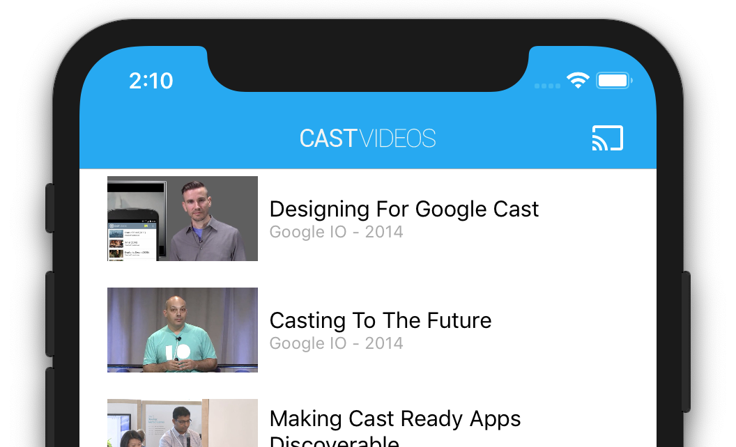 一张插图，显示了正在运行 CastVideos 应用的 iPhone 的上半部分，右上角显示了“投屏”按钮