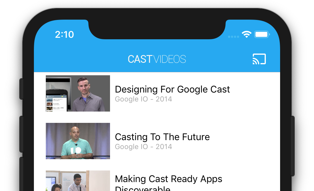 執行 CastVideos 應用程式的 iPhone 頂端三分之一插圖，右上角顯示「投放」按鈕