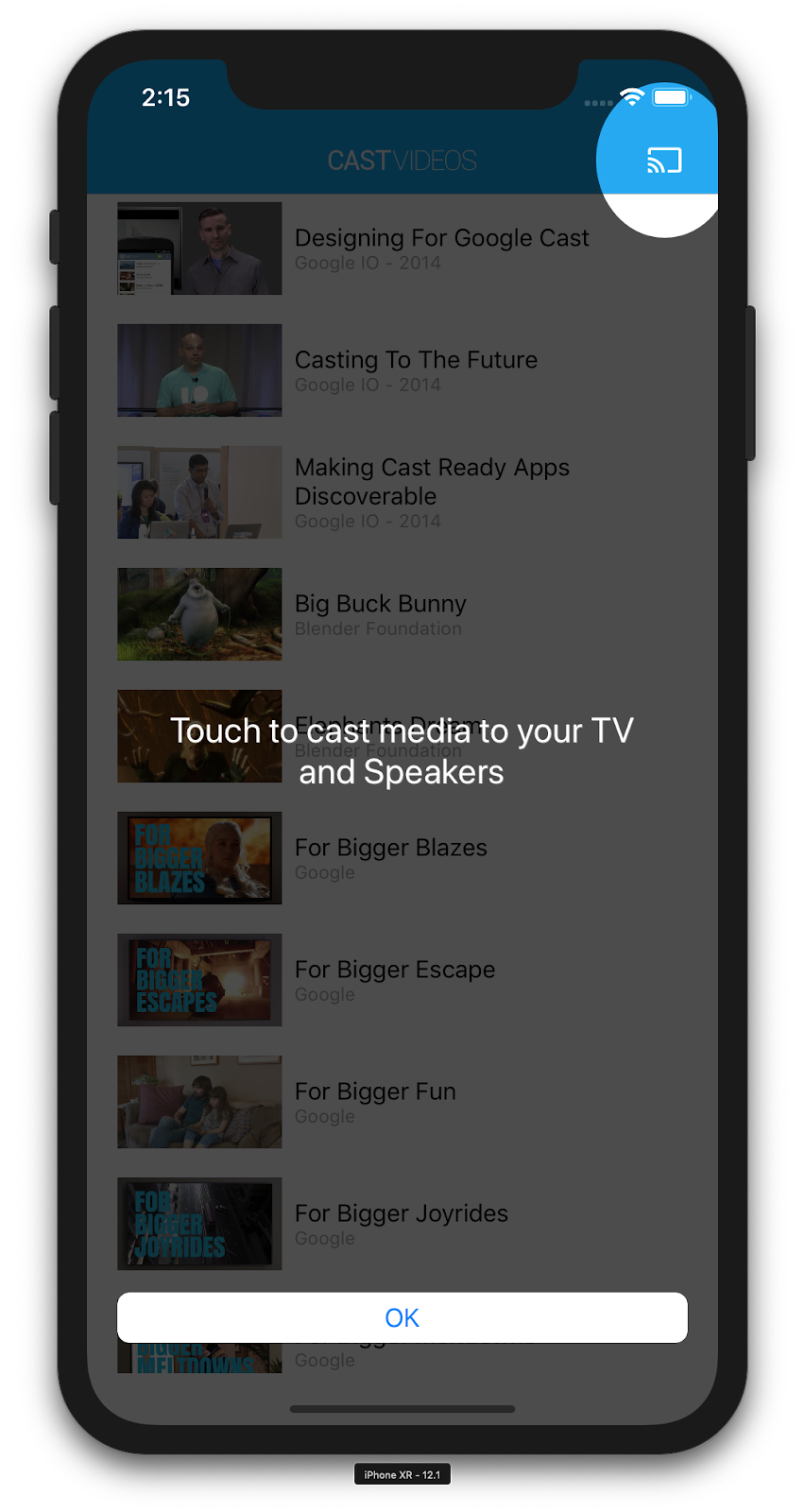一张插图，显示了一部运行 CastVideos 应用的 iPhone，其中显示了“投屏”按钮叠加层，突出显示了“投屏”按钮，并显示了“轻触即可将媒体投放到电视和音箱”消息