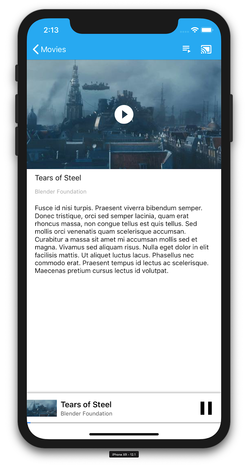 Illustrazione di un iPhone su cui è in esecuzione un&#39;app CastVideo, che mostra i dettagli di un determinato video (&quot;Tears of Steel&quot;). In basso c&#39;è il mini player