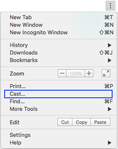 Chrome मेन्यू की इमेज, जिसमें कास्ट आइटम को हाइलाइट किया गया है