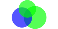Diagrama de Venn con tres círculos superpuestos; un círculo es azul y los demás son verdes