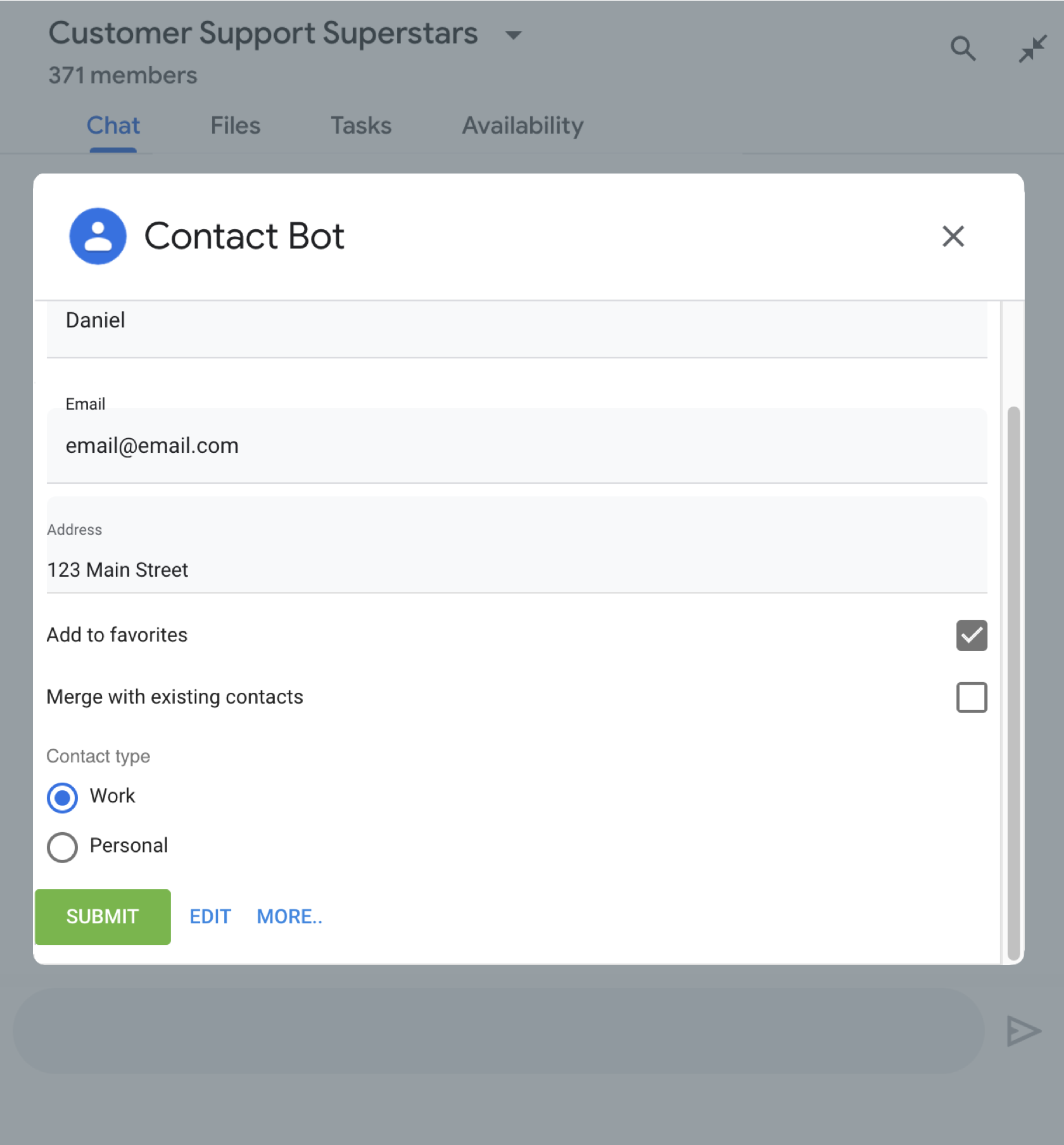 Gathering details about a new contact from a user with a dialog