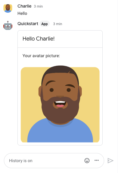 Sohbet uygulaması, gönderenin görünen adını ve avatar resmini içeren bir kartla yanıt verir.