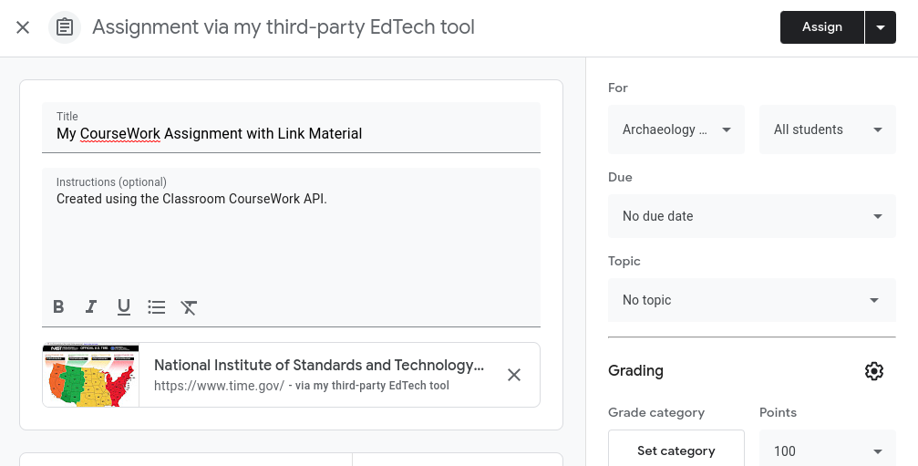 Edit a CourseWork assignment with link material attachment